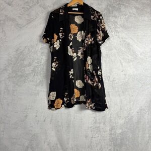 Vintage‎ Black Floral Sheer Kimono Jacket Rayon M/L Boho Festical Party